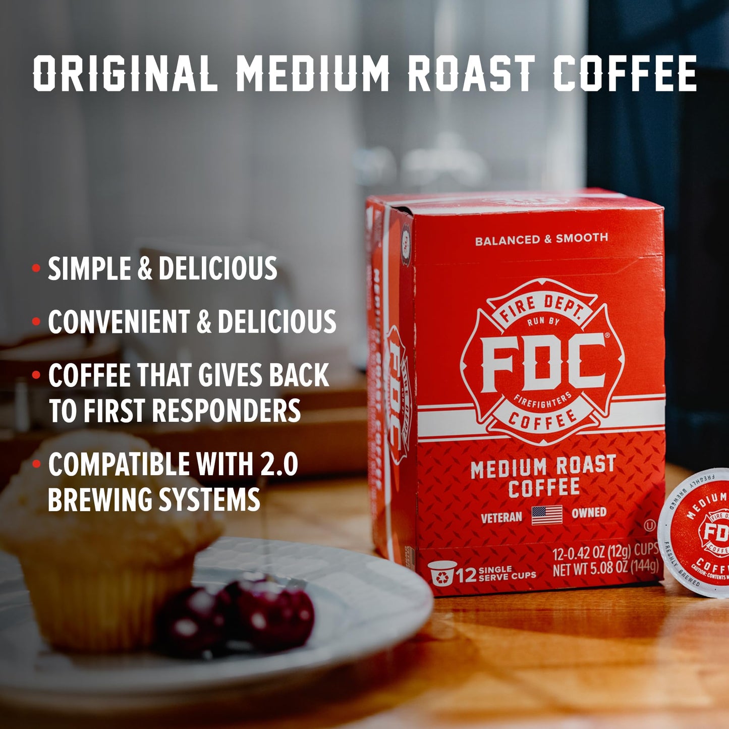 Fire Department Coffee Original Medium Roast Coffee Pods - 12 Count - Premium K Cups - Veteran Owned - Roasted in the USA