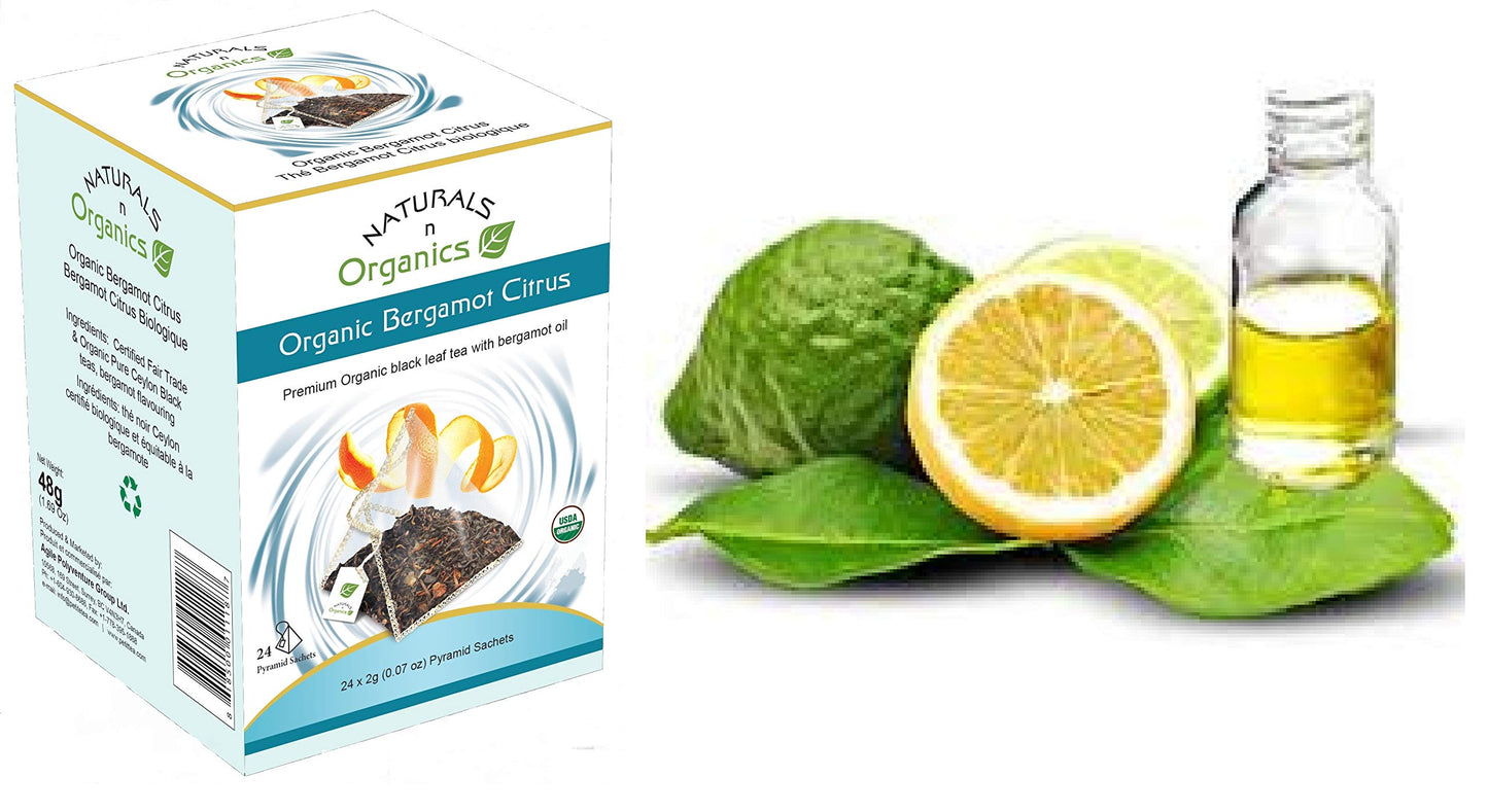 Naturals-n-Organics Organic Bergamot Citrus Earl Grey Tea, 24 Biodegradable Pyramid Bags, 24 Count
