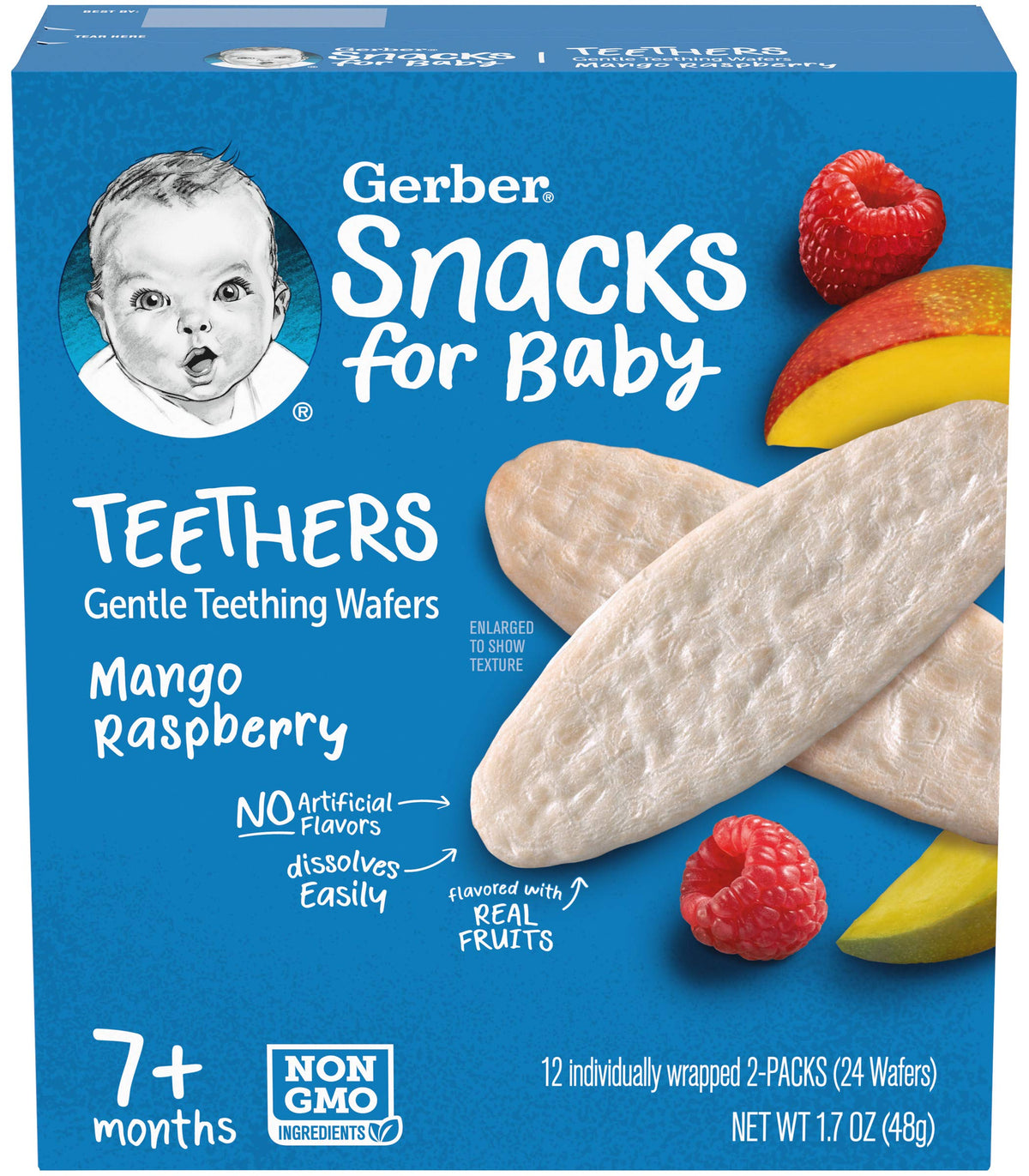 Gerber Snack For Baby Teethers, Mango Raspberry, Gentle Teething Wafers Flavored With Real Fruits, 12 Individually Wrapped 2-Pac