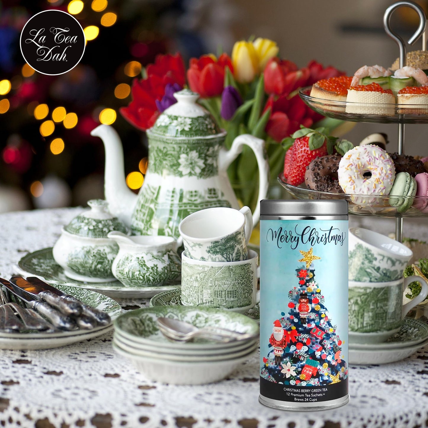 La Tea Dah Merry Christmas Tea Gift Set, Gourmet Holiday Tea Assortment, 3 Full Sized Tins, 36 Sachets