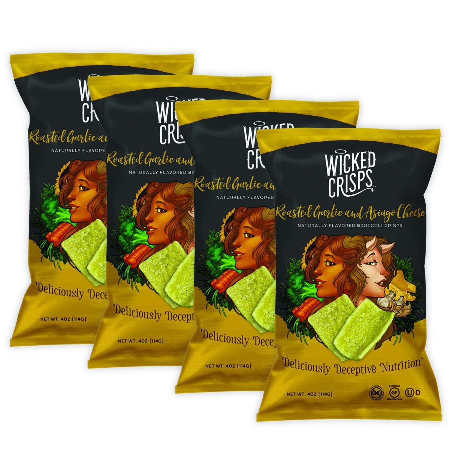 Wicked Crisps Baked Veggie Chips - Roasted Garlic & Asiago Cheese, Gluten Free, 4oz Party-Size Bag (4 Pack)