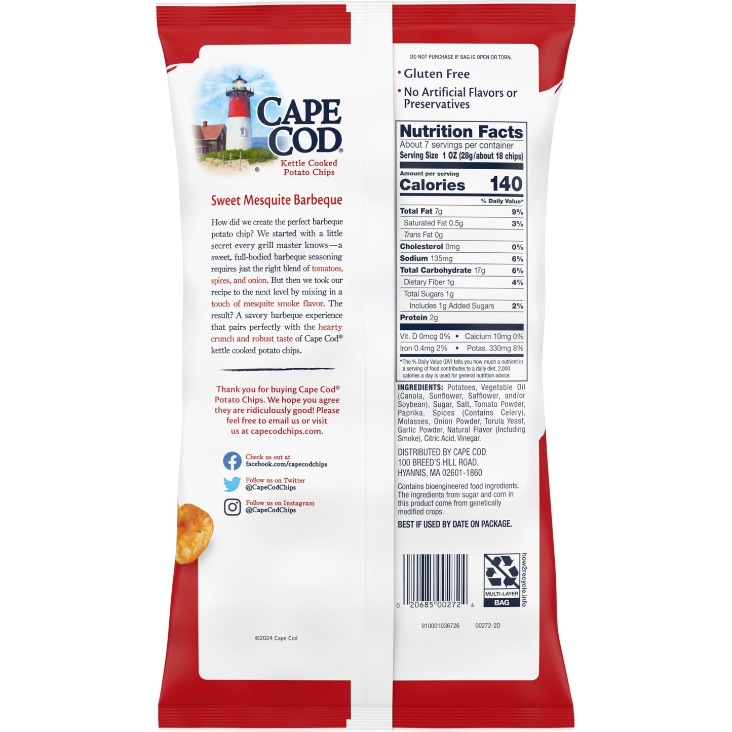 Cape Cod Potato Chips Sweet Mesquite Barbeque Kettle Chips  7.5 Oz