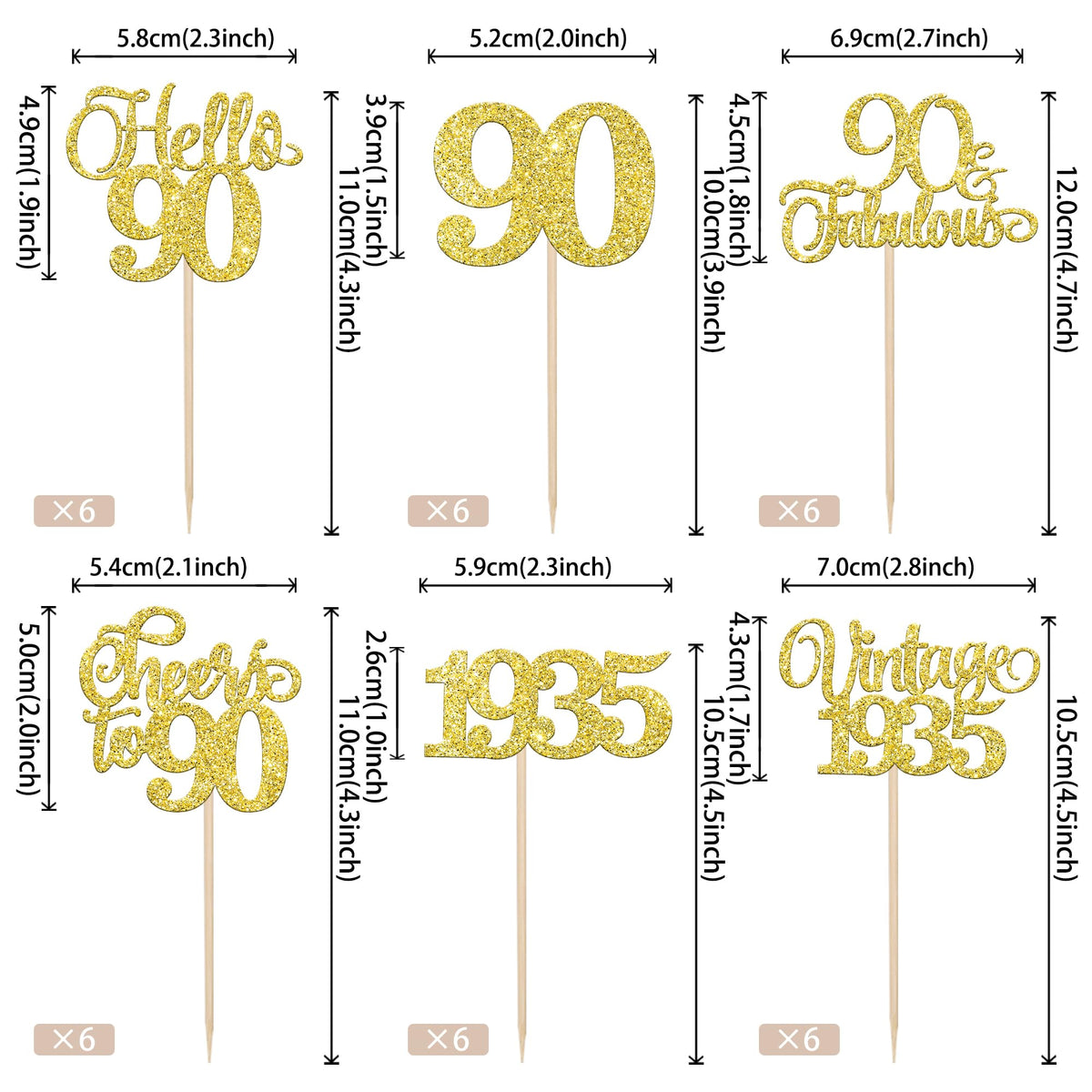 Rssta i 24 Pack Gold Glitter 90th Birthday Cupcake Toppers for Party Decorations