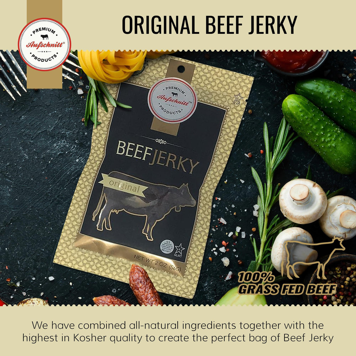 Premium Aufschnitt Grass Fed Beef Jerky, Low Sodium, Keto & Halal Friendly, 5 Pack, 2 Ounce