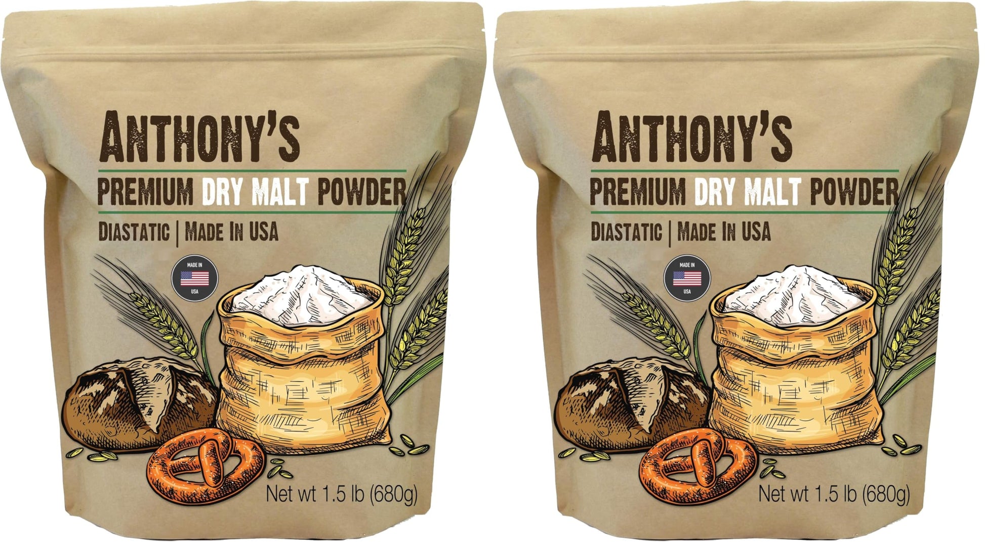 Anthonys Diastatic Dry Malt Powder, 1.5 lb, Made in the USA, Diastatic, Malted Barley Flour (Pack of 2)