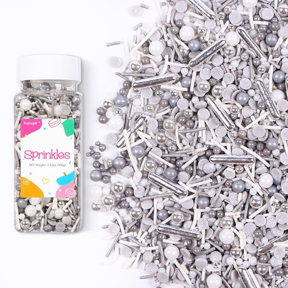 Silver Sprinkles for Cake Decorating, White Silver Sprinkles Mix for Cupcakes Toppers, Ice Cream, Cookie, 3.52oz