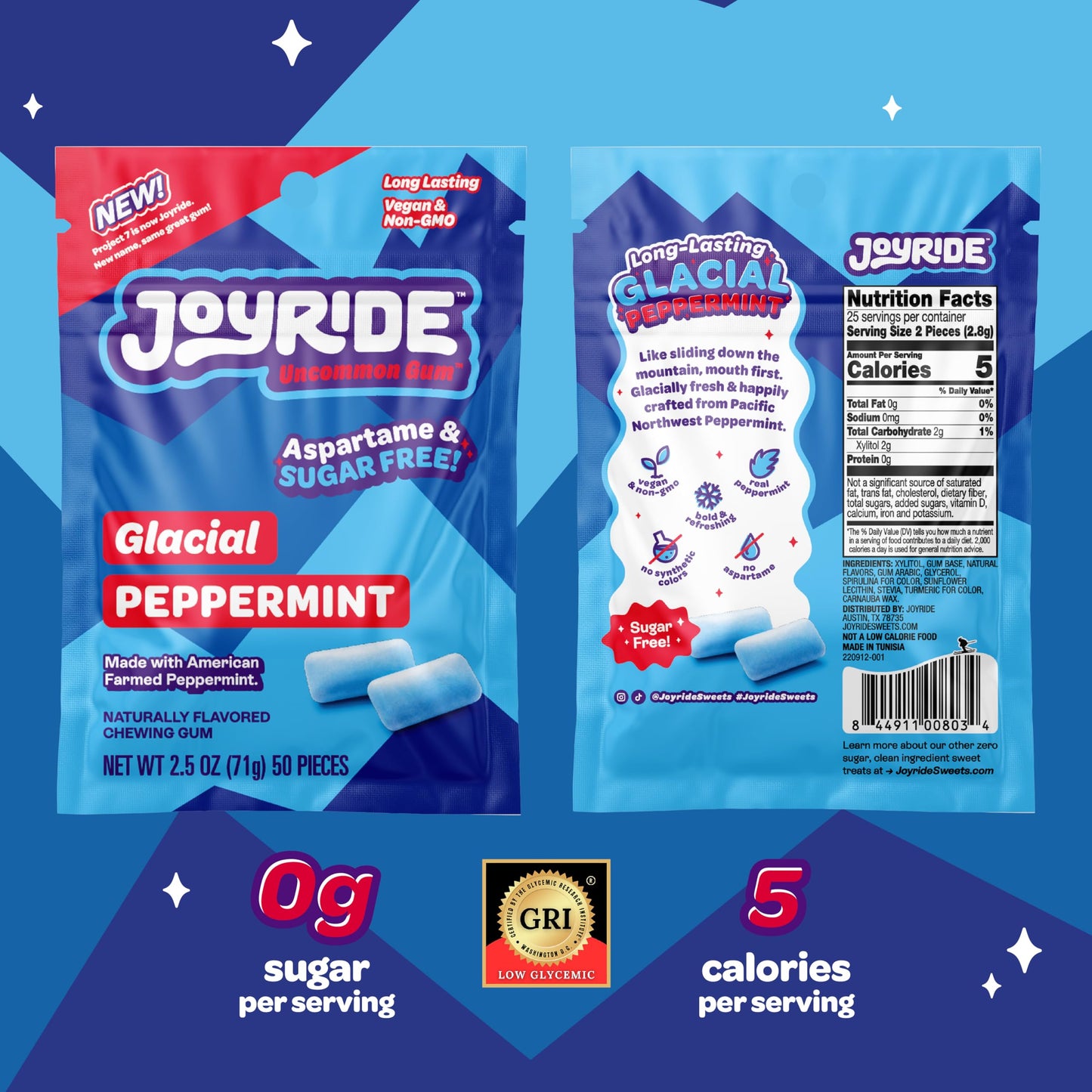 Joyride Sour Worms - 3.5 Oz 6-Pack Bundle With 2.5Oz Glacial Peppermint Gum, Low Sugar, Low Calorie Snacks, Dye Free And Plant B