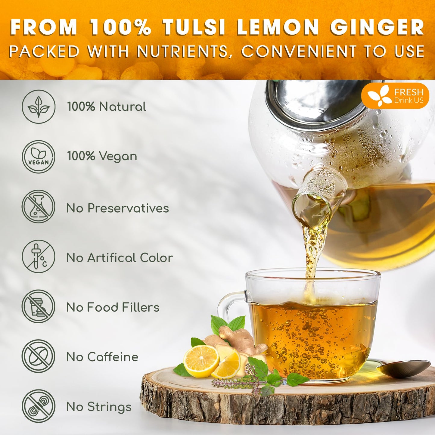 FRESHDRINKUS Tulsi Lemon Ginger Tea Bags, 100% Natural, Vegan, 75 Bags