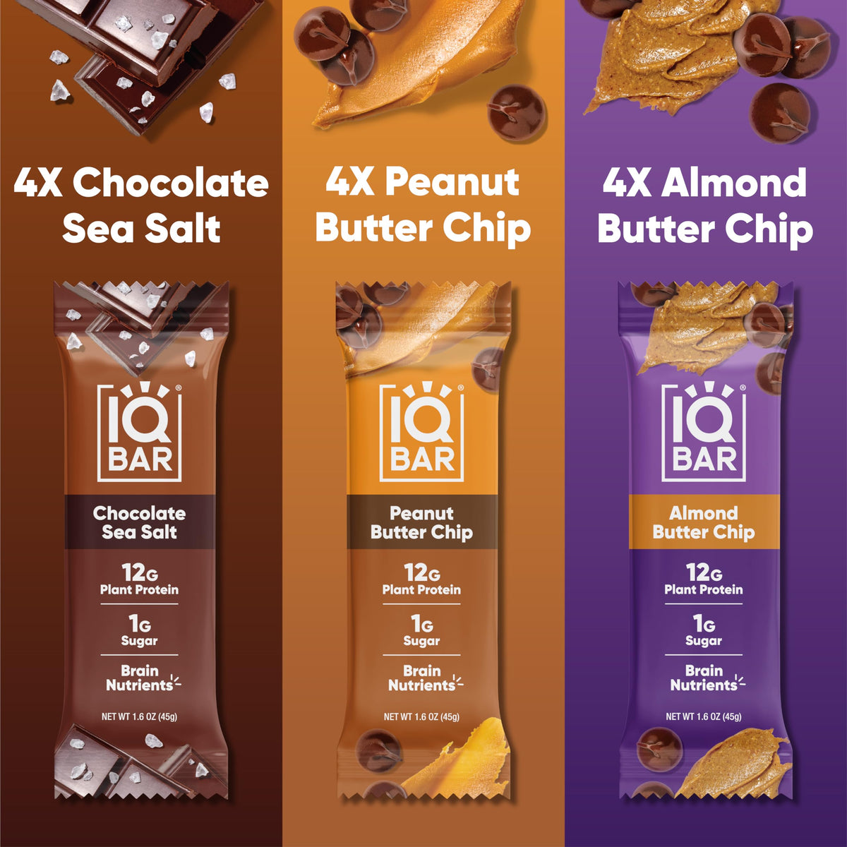IQBAR Brain and Body Plant Protein Bars - Chocolate Lovers Variety - 12 Count, Low Carb, High Fiber, Gluten Free, Vegan Snacks -