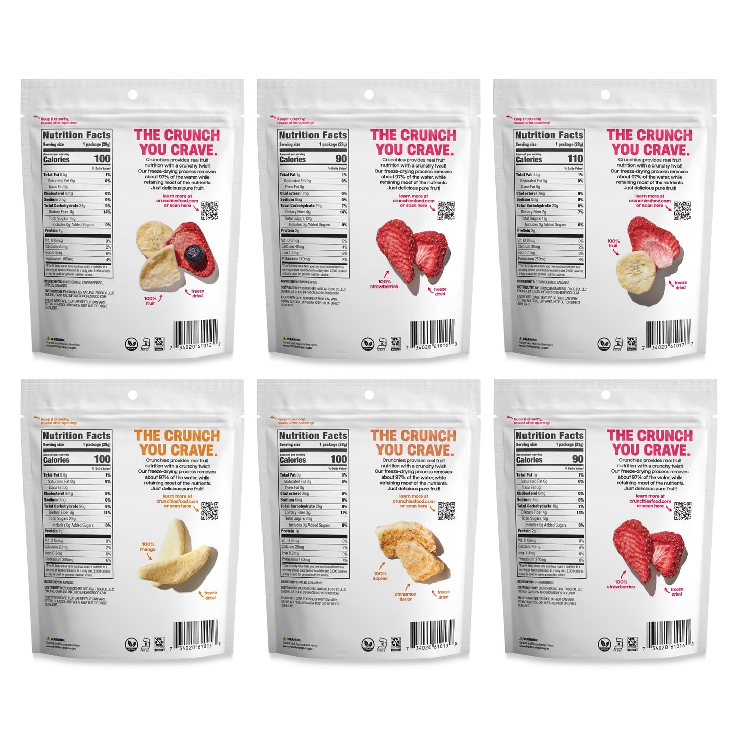 Crunchies Freeze-Dried Fruits Snack Pack, 100% All Natural, Non GMO, Kosher, Variety Pack of 6