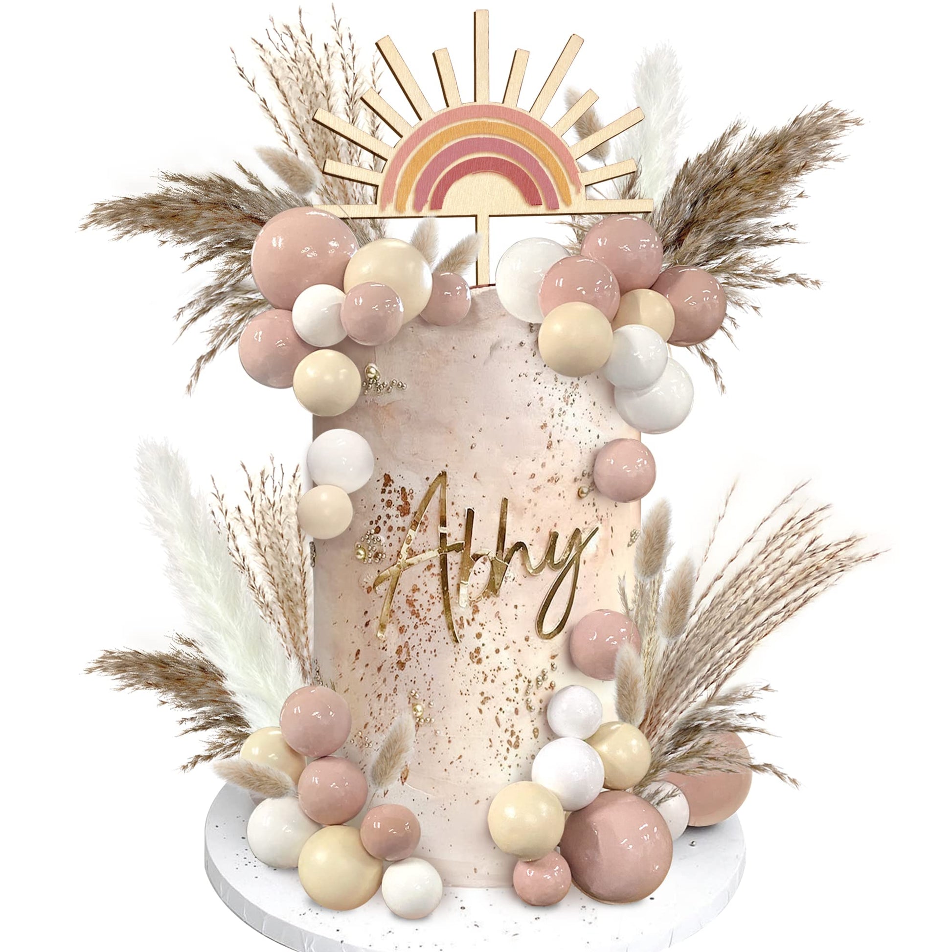 51 Pcs Boho Sun Wood Cake Toppers Mini Balls Cake Topper Various Dried Pampas Grass Cake Decor Bunny Tails Reed Grass White Pamp