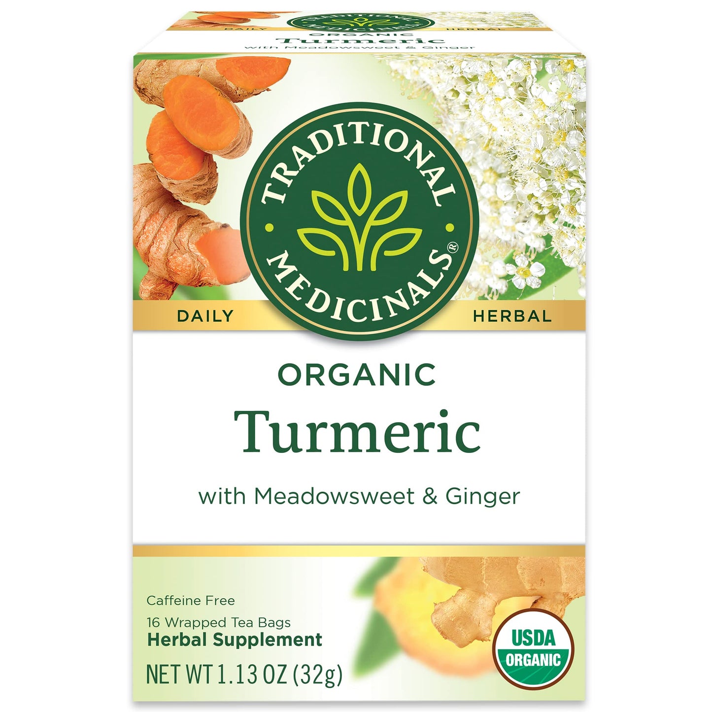 Traditional Medicinals Organic  Turmeric Tea with Ginger & Meadowsweet - Supports Normal Response to Inflammation - Kosher  Non-GMO  Caffeine-Free  Compostable - 16 Tea Bags