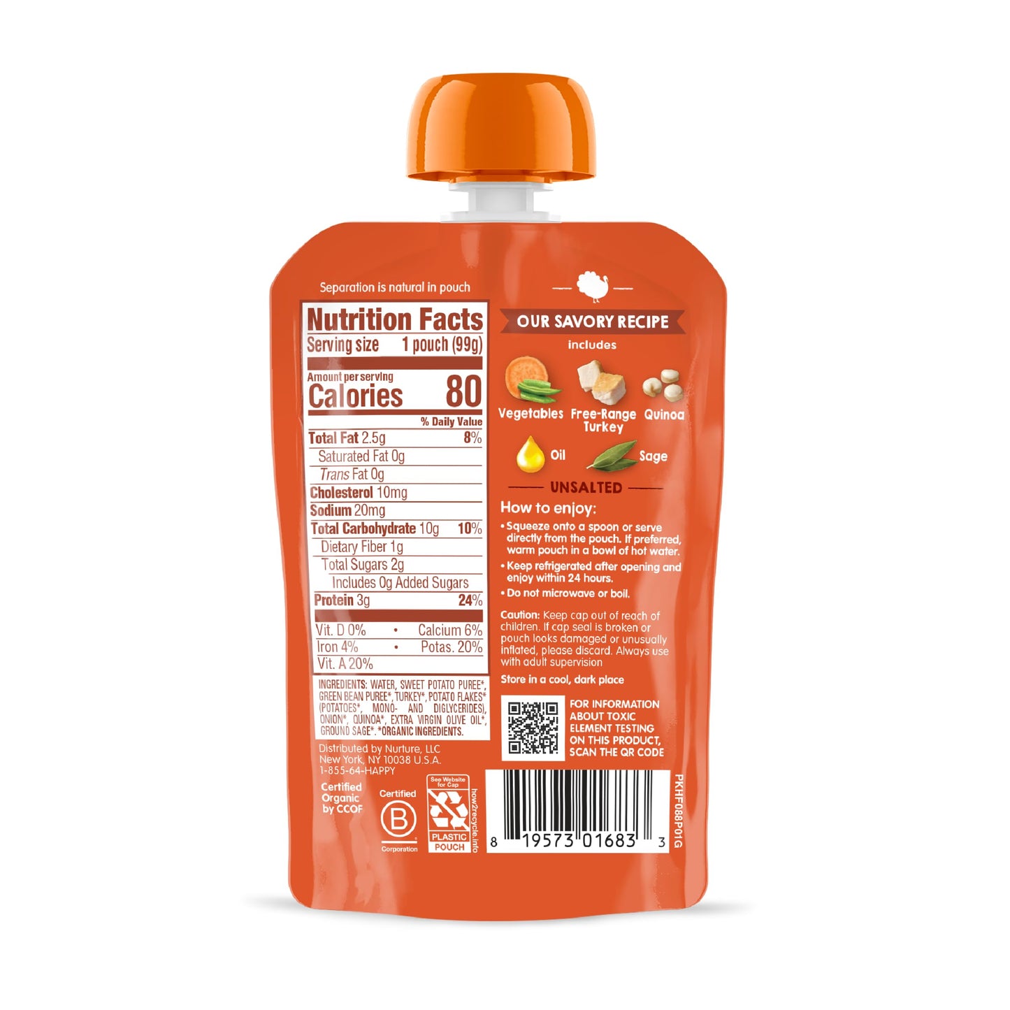 Happy Baby Organics Savory Blends Stage 3 Baby Food Puree, Free Range Turkey, Harvest Vegetables & Quinoa Skillet, 3.5 Ounce (Pa