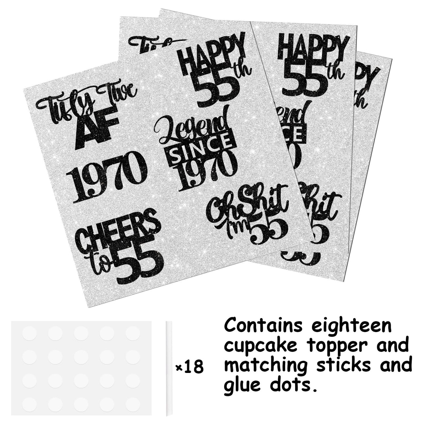 18Pcs Black Glitter Happy 55Th Dessert Cupcake Topper Pick For Funny Legend Since 1970 Theme Decor Supplies Men Women Happy 55 B