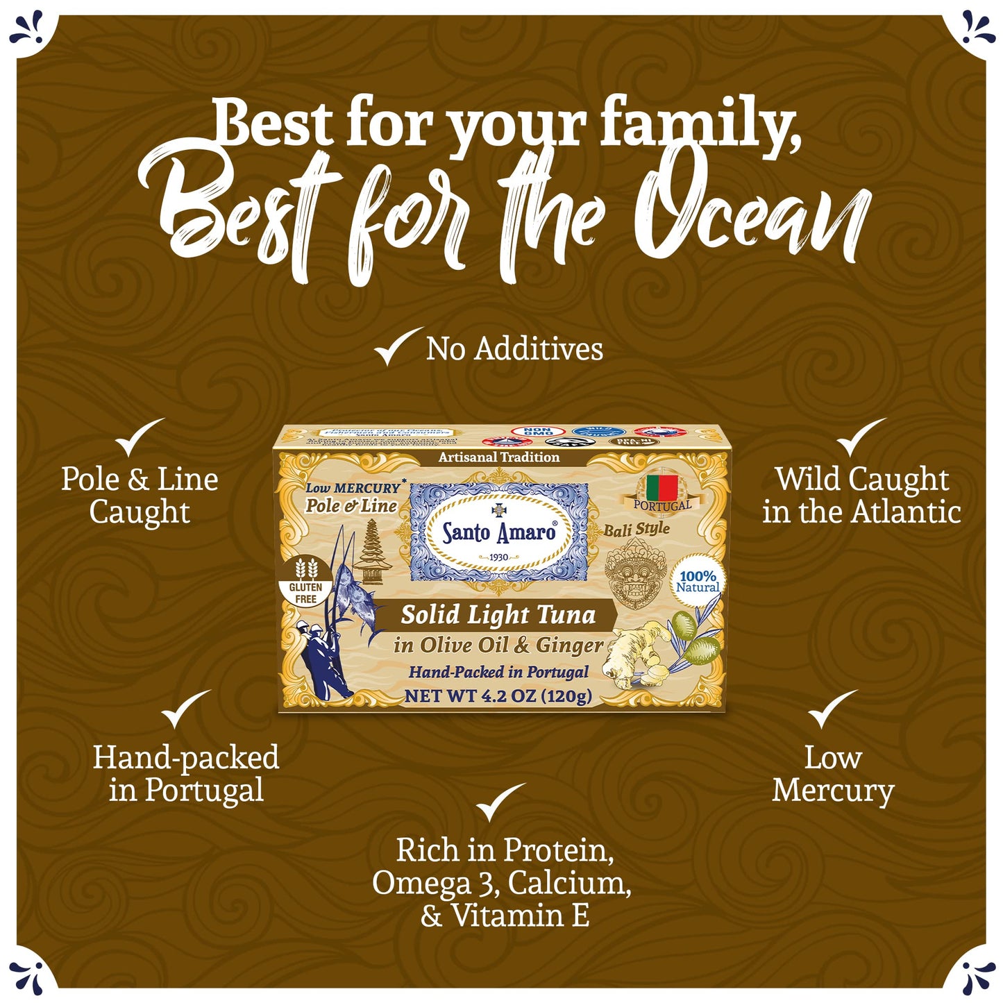 Santo Amaro Artisanal Wild Tuna Fillets in Olive Oil & Ginger, 4.2 oz (Pack of 6), Wild Caught, High Protein, Low Mercury