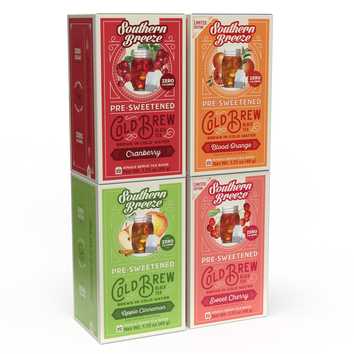 Southern Breeze Cold Brew Sweet Tea Variety Pack Iced Tea With Black Tea And Zero Carbs Zero Sugar, 20 Individually Wrapped Tea Bags, Pack Of 4, Sweet Cherry, Blood Orange, Cranberry & Apple Cinnamon