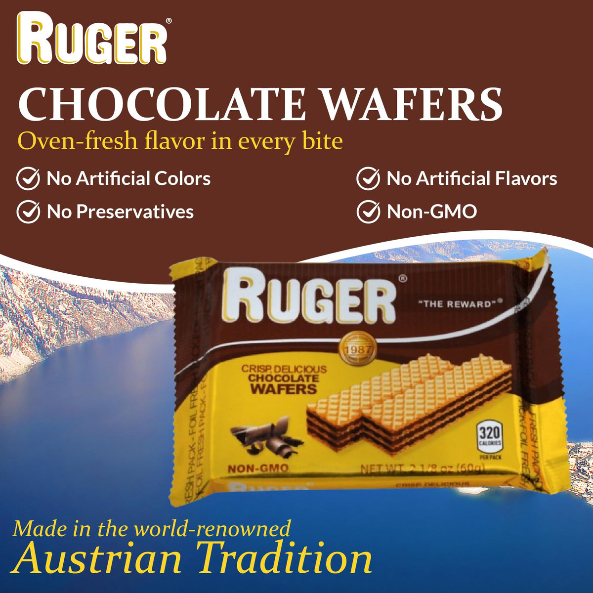 Ruger Wafers Austrian Chocolate Wafers, 2.125 Ounce (Pack Of 12) - Crisp, Creamy, Delicious Chocolate   With Natural Ingredients And Extended Shelf Life, Perfect For Snacking, Desserts, And Anytime Indulgence