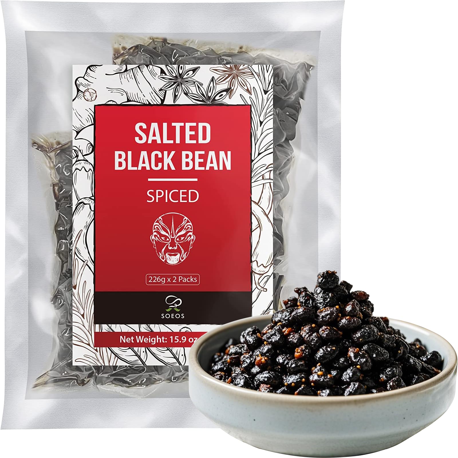 Soeos Chinese Douchi, Fermented Black Beans, 15.94 oz (452g), 2 Packs of 226g Each