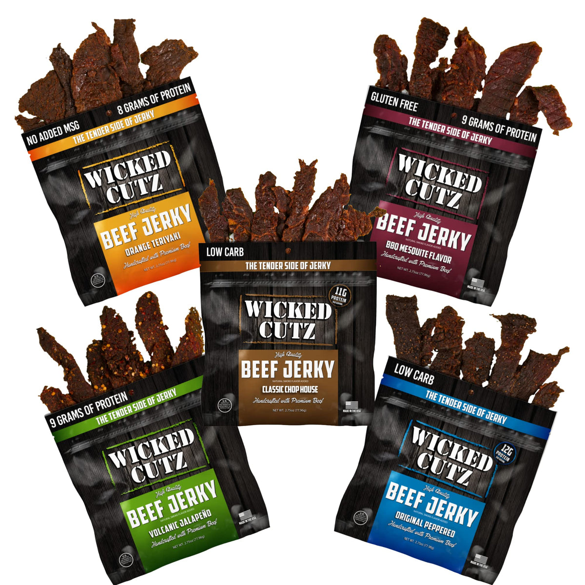 Wicked Cutz Beef Jerky Variety Pack, 5 Bags, 2.75 oz Each, High Protein, Low Carb, Healthy Snacks
