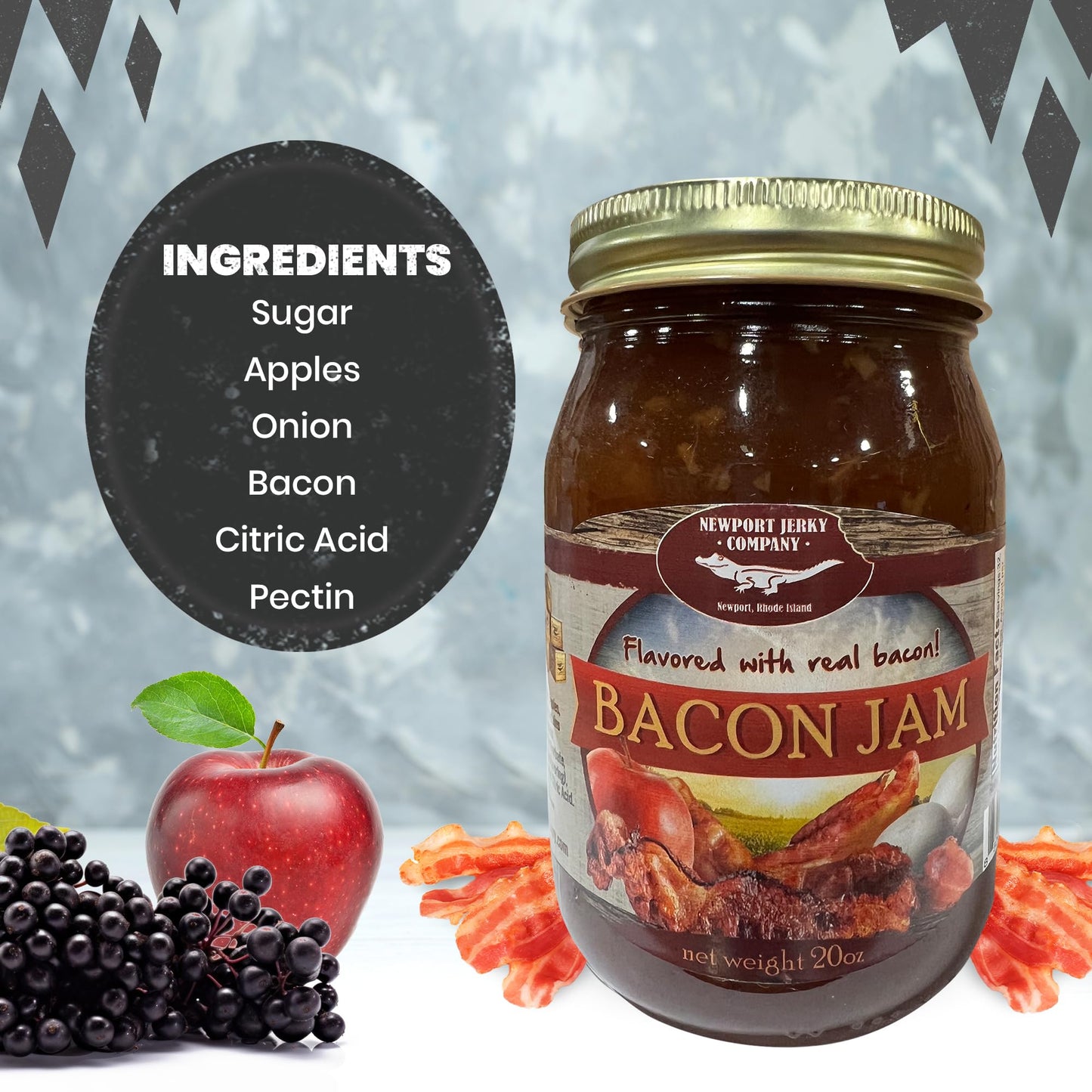 Newport Jerky Company Bacon Jam - Gourmet Small Batch Spread - 20 oz Glass Jar - Perfect for Burgers, Sandwiches, Toast, Charcuterie