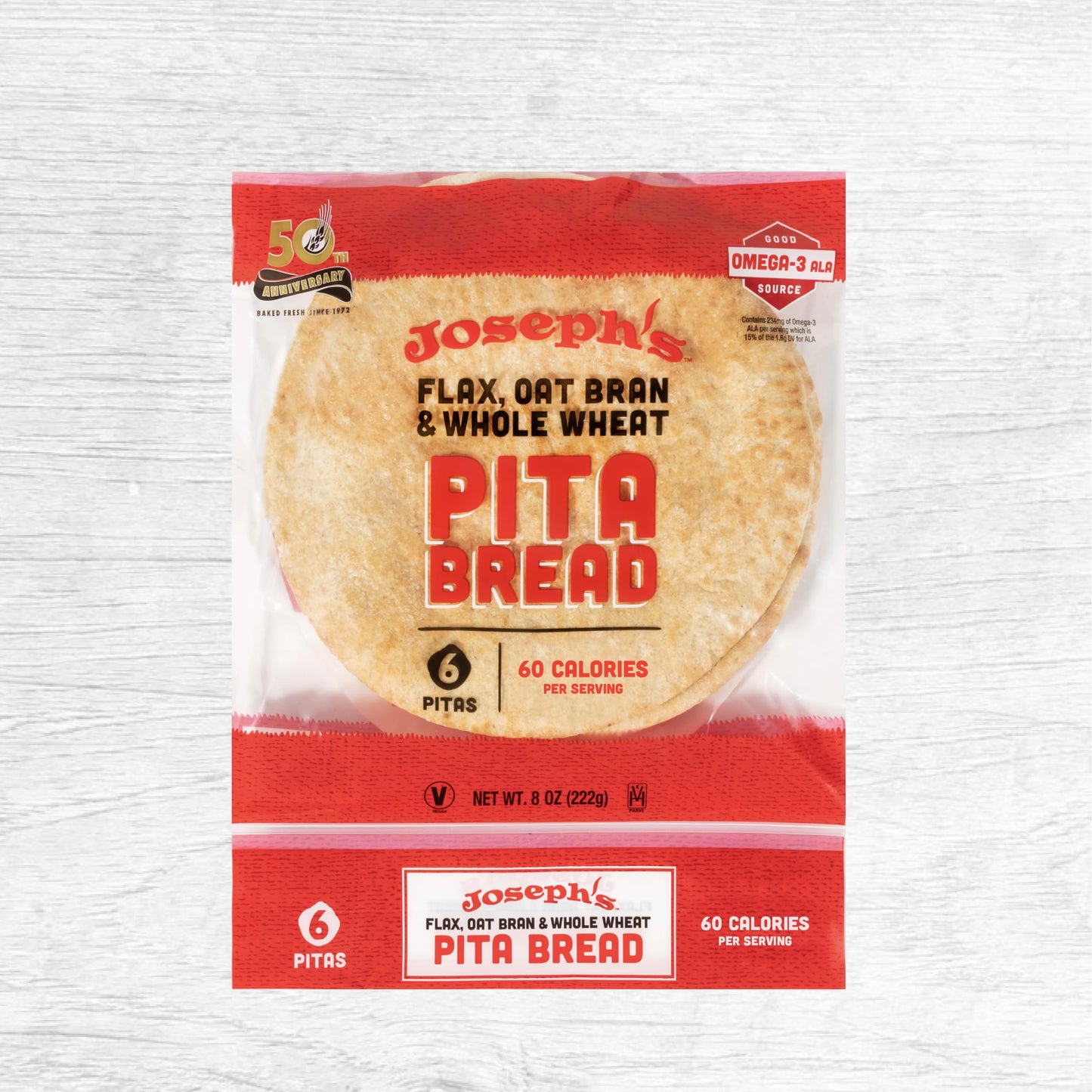 Josephs Pita Bread Reduced Carb, Flax Oat Bran & Whole Wheat, 18 Count, 7g Net Carbs per Serving