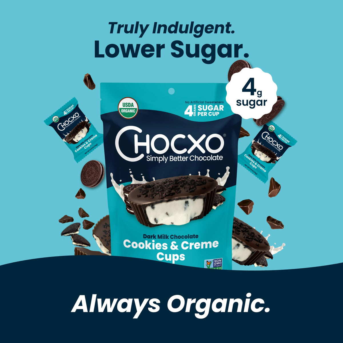 Chocxo Dark Milk Chocolate Cookies & Crème Cups - Lower Sugar, 69% Organic Cacao, Nongmo, Keto, Gluten Free, Kosher, No Artificial Sweeteners/Sugar  S, 3.45 Oz (Pack Of 6)