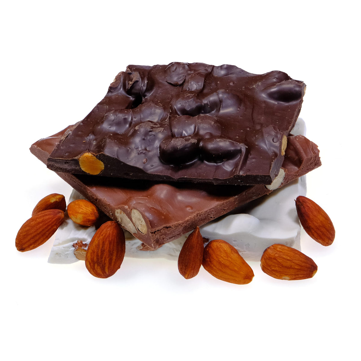 CandyKorner Multipack (Milk, Dark, White) Almond Bark - Half Pound - Gourmet Handmade Chocolate with Roasted Almonds - 8 Ounces 