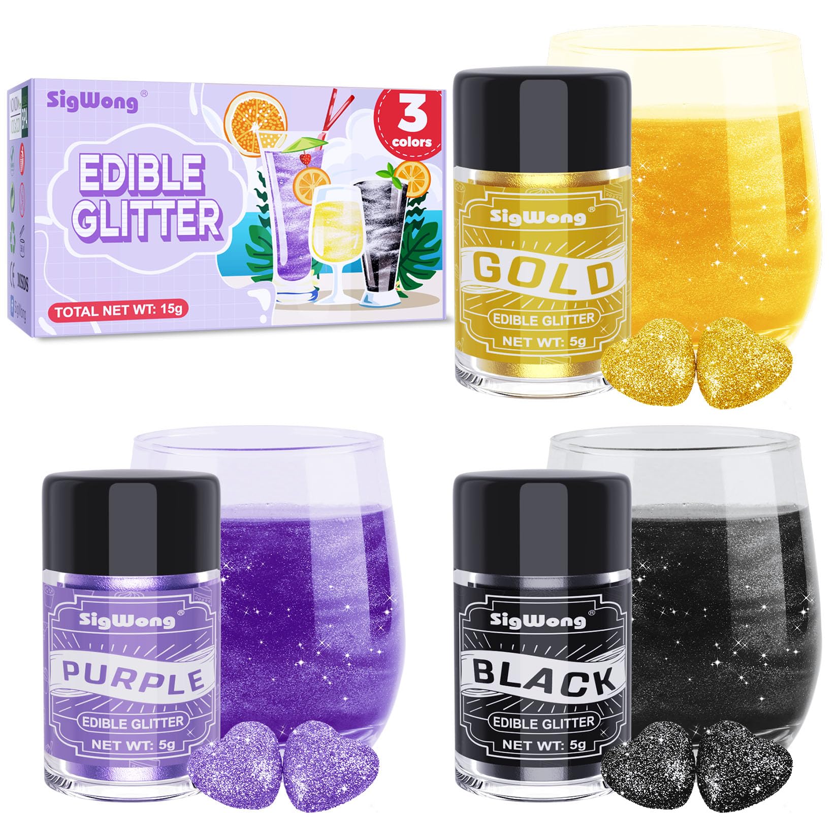 SigWong Edible Glitter Set, 3 Colors Luster Dust, Food Grade Metallic Sprinkles, 5g - Black, Purple, Gold