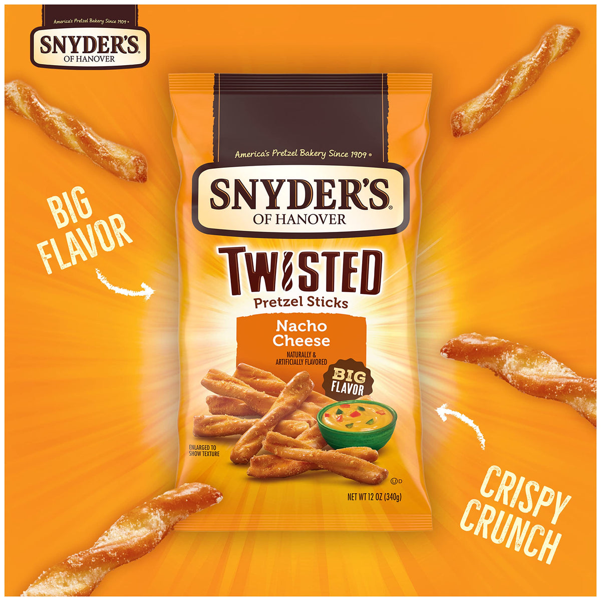 Snyder'S Of Hanover, Nacho Cheese Twisted Pretzel Sticks, 12-Oz. Bag