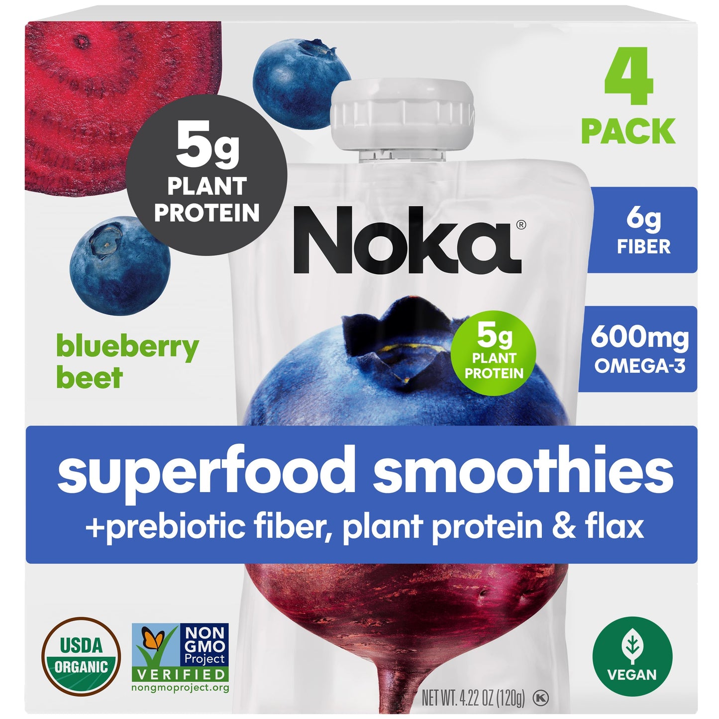 Noka Superfood Smoothie Pouches (Blueberry Beet) 4 Pack, with Plant Protein, Prebiotic Fiber & Flax Seed, Organic, Gluten Free, 