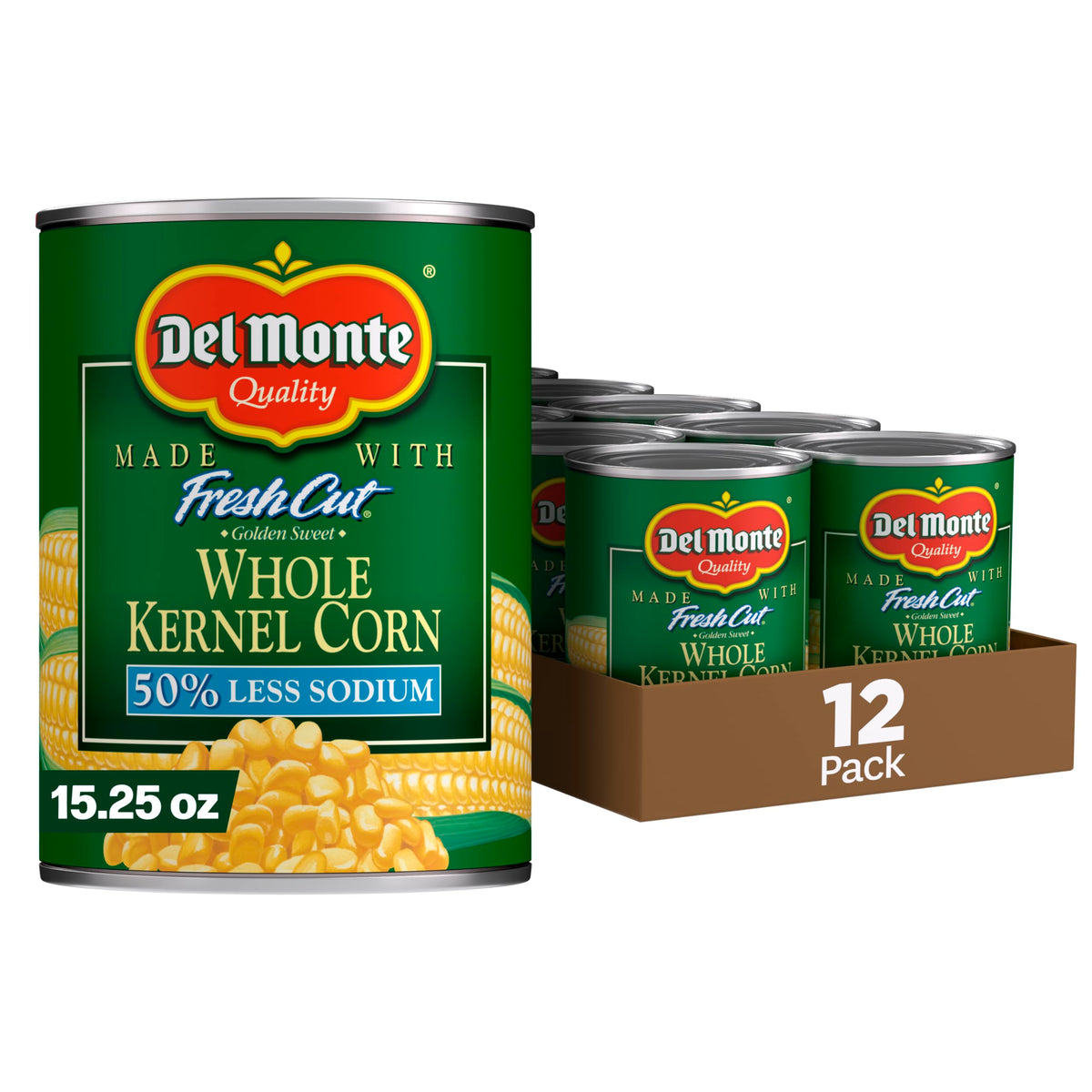 Del Monte FRESH CUT 50% Reduced Sodium Golden Sweet Whole Kernel Corn, Canned Vegetables, 12 Pack, 15.25 oz Can