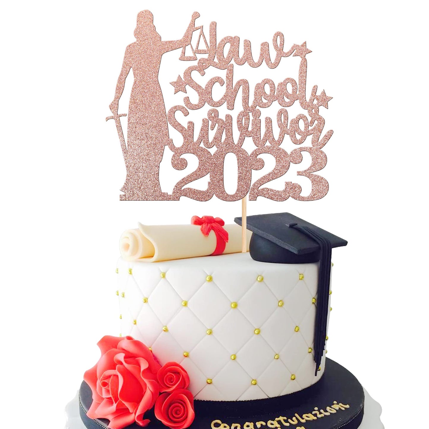 1 Pcs Law School Survivor 2023 Cake Topper Glitter Lawyer 2023 Graduation Cake Pick Congrats Grad Cake Decoration For 2023 Lawer Graduation Theme Party Decorations Supplies Rose Gold