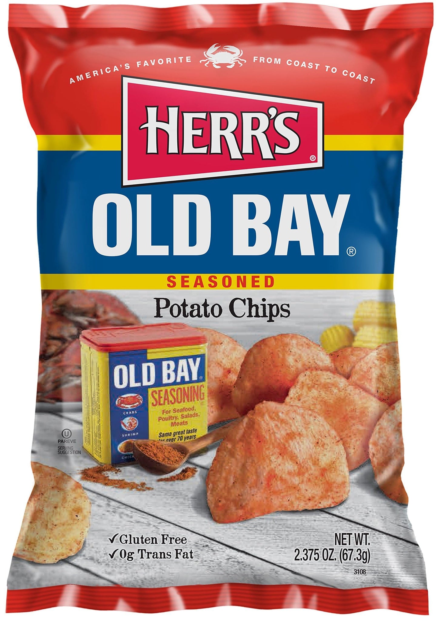 Herrs Old Bay Potato Chips, 2.375 Ounce (Pack of 24 Bags) - Crispy Potato Chips with Classic Old Bay Seasoning - Perfect for Pi
