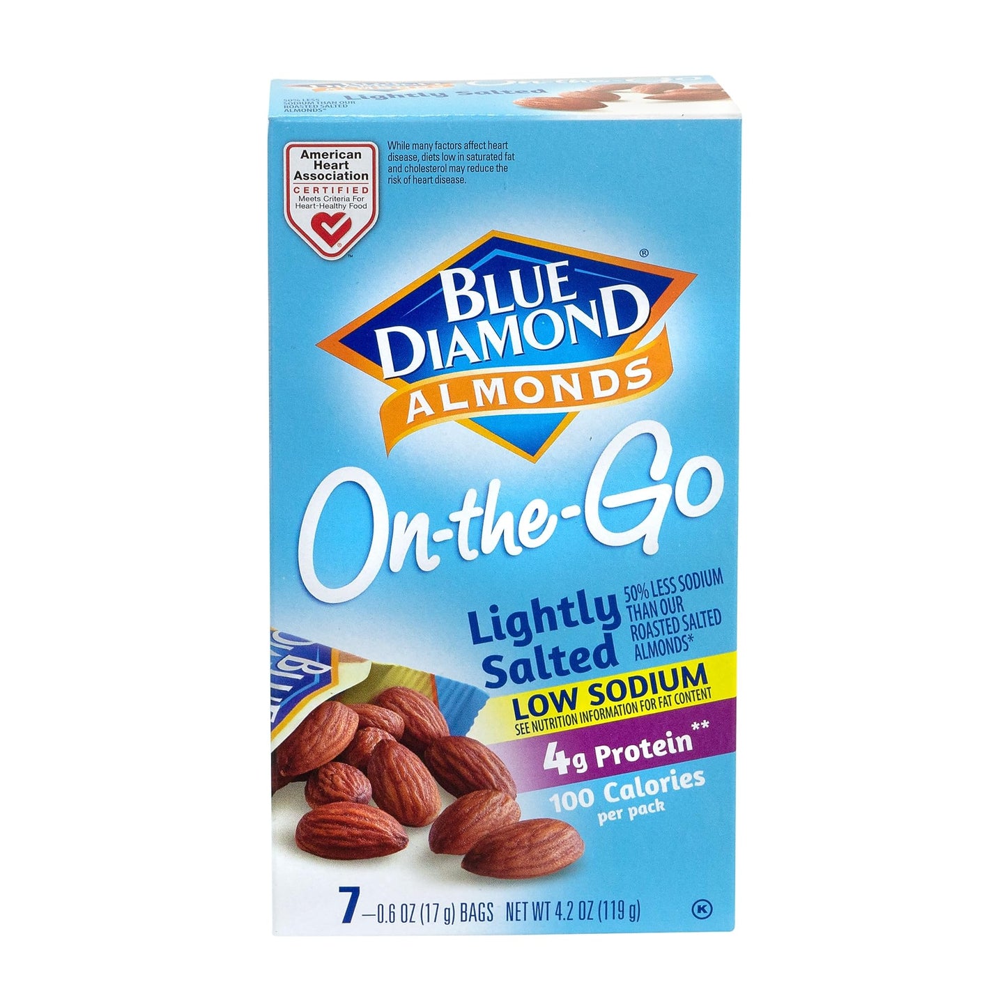Blue Diamond Almonds, Low Sodium Lightly Salted, 100 Calorie On-The-Go Bags, 0.6 Ounce (Pack of 7)