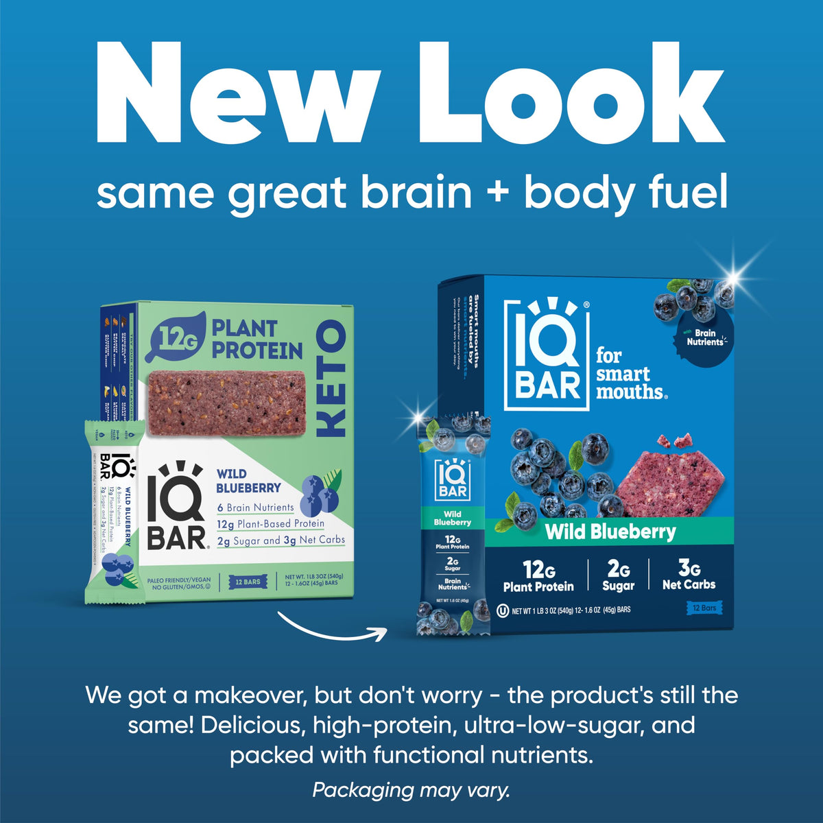 IQBAR Brain and Body Plant Protein Bars - Wild Blueberry - 12 Count, Low Carb, High Fiber, Gluten Free, Healthy Vegan Snacks - L