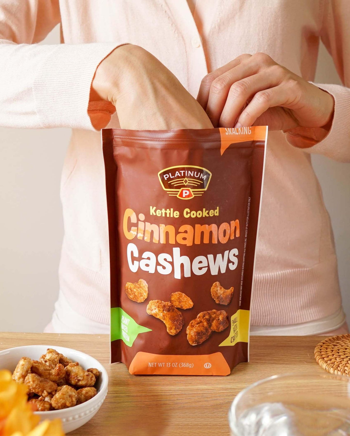 Platinum Kettle Cooked Cinnamon Cashews - Plant Based Protein - 13 oz Resealable Pouch