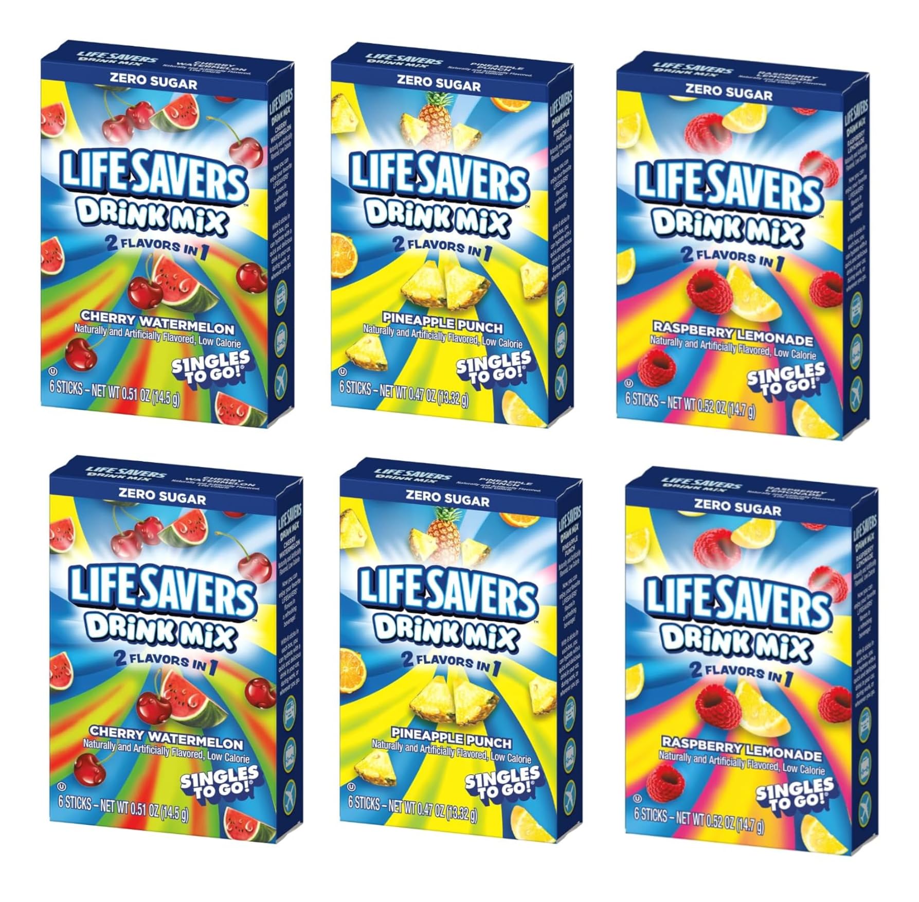 SINGLES TO GO! Lifesavers Singles to Go Variety Pack - 6 Powdered Drink Mixes - Cherry Watermelon, Pineapple Punch, Raspberry Lemonade