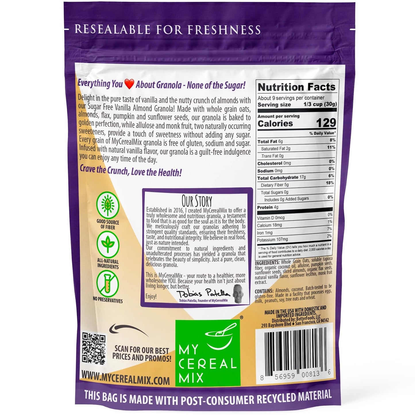 MyCerealMix Sugar Free Granola - Vanilla Almond, Non-GMO, Plant-Based, Gluten Free, 10oz