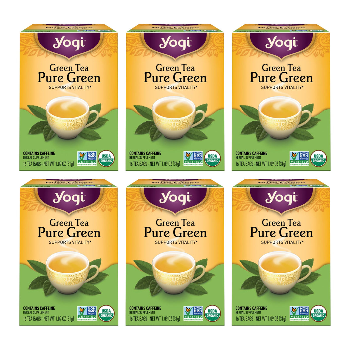 Yogi Pure Green Tea - Organic - 16 Bags per Pack (6 Packs) - Yellow