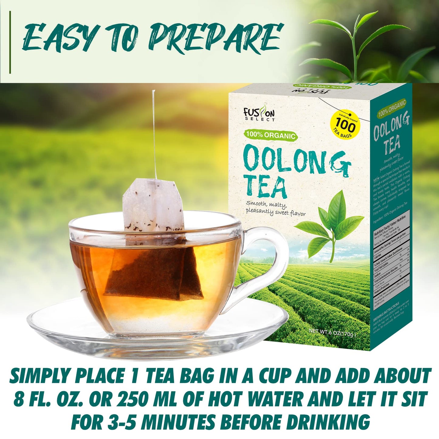 Fusion Select Organic Oolong Tea Bags - Smooth, Mildly Sweet Flavor - Healthy, Relaxing, Fresh Herbal Drink - Instant, Just Stee