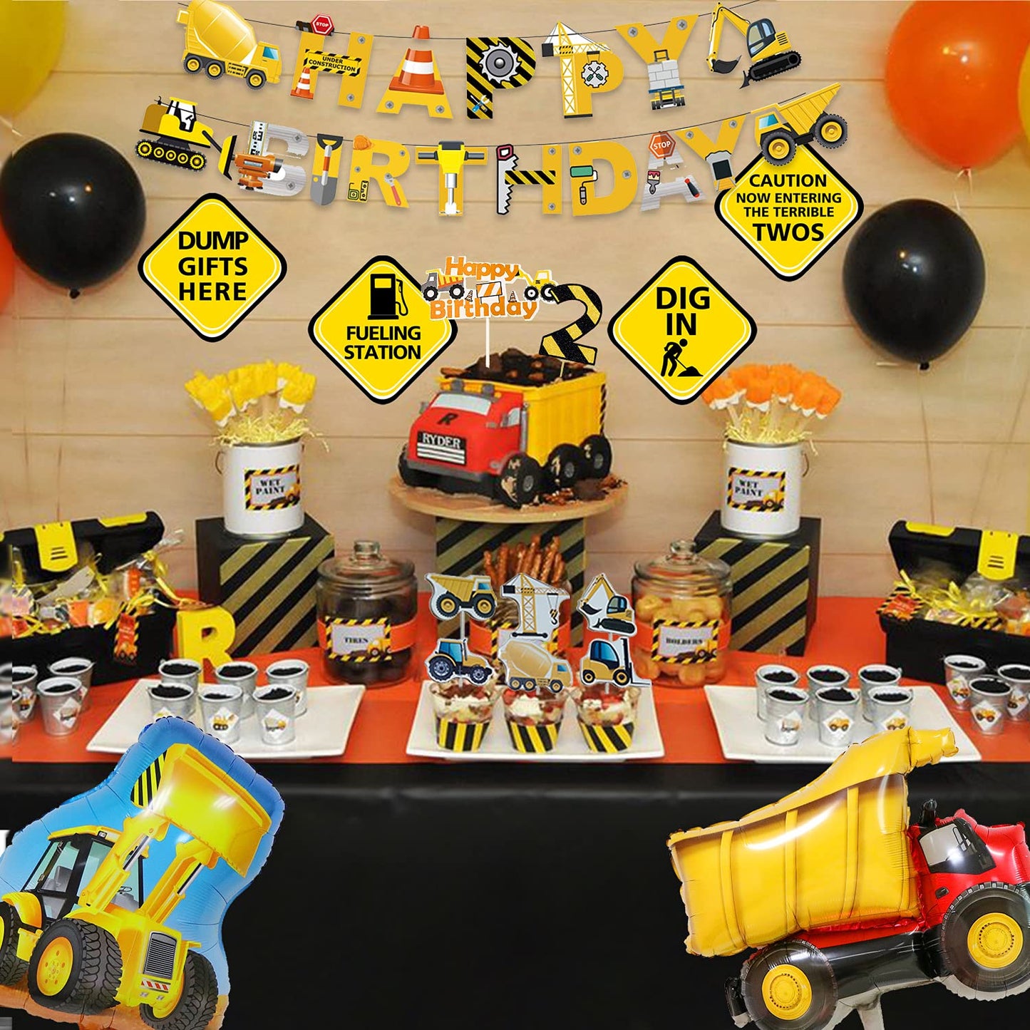 MATTTIME Construction 2nd Birthday Banner and Cupcake Topper, Plastic, Multi-Color, Model 0703, Traffic Sign Cutouts for 2 Years Old Party