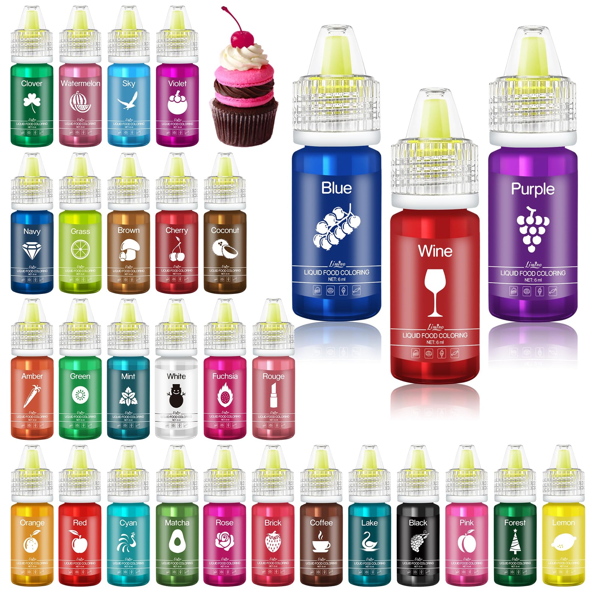 Limino Food Coloring Set - 30 Vivid Colors, Liquid Dye for Baking, Crafts - 0.25 fl. oz Bottles