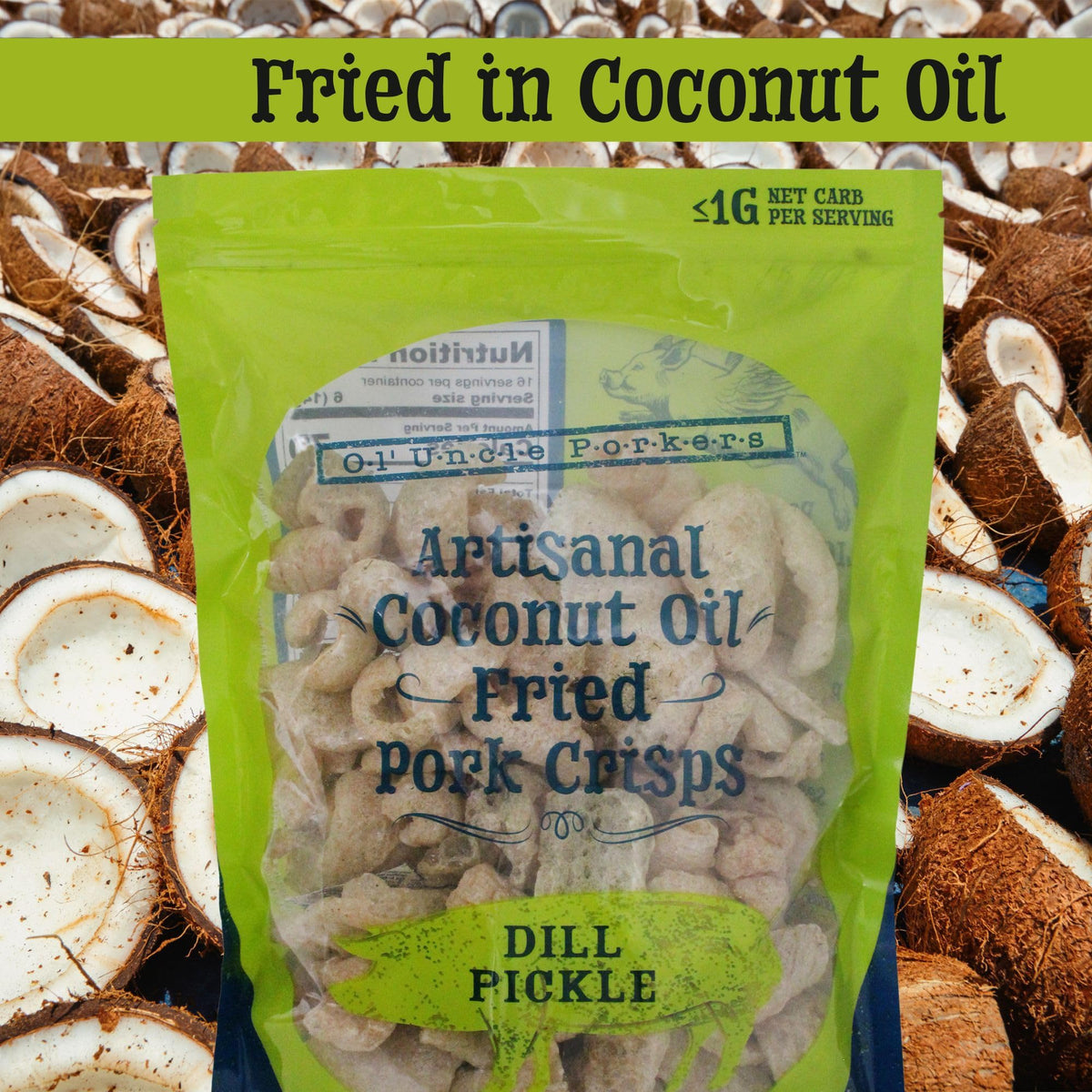 Ol Uncle Porkers Keto-Friendly Pork Rinds, Dill Pickle Flavor, 8oz Bag, Zero Carb Snack