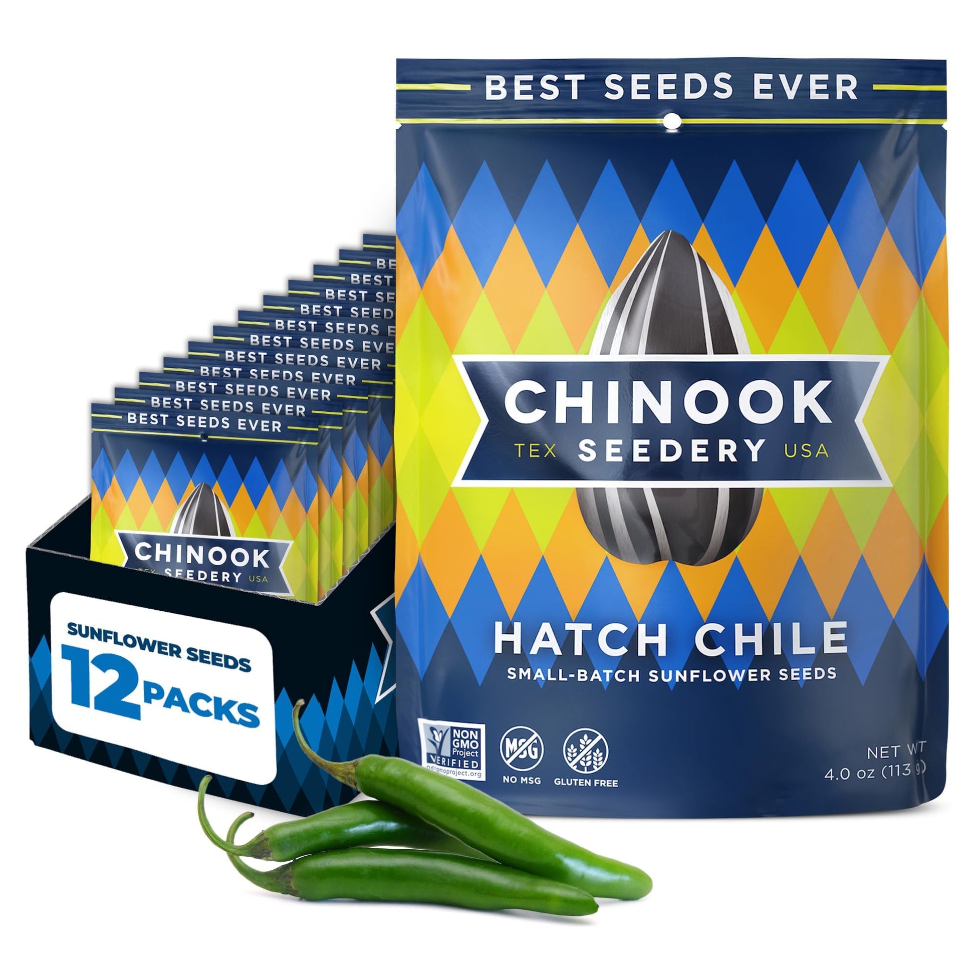 Chinook Seedery Roasted Jumbo Sunflower Seeds - Keto Snacks, Gluten-Free, Non-Gmo, Hatch Chile Flavor 4 Oz (12-Pack)
