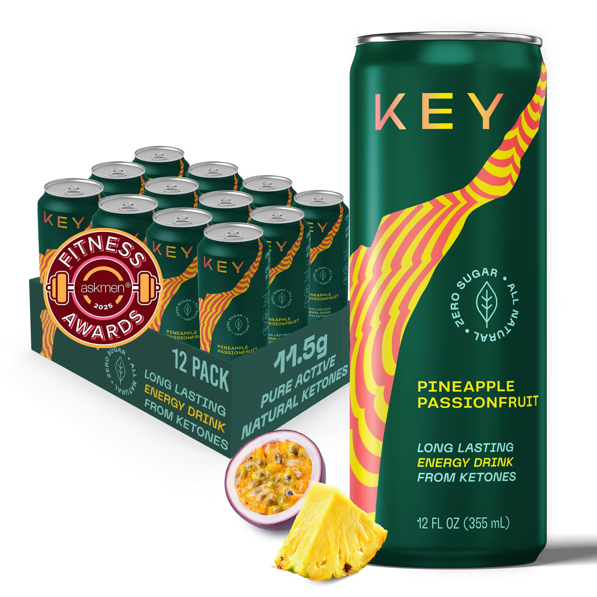 Key Ketone Energy Drink - Sugar Free, 80Mg Low Caffeine, All Natural, 11.5G Ketones, Long Lasting Energy, Green Tea & L-Theanine For Mental Focus, Pineapple Passionfruit (Pack Of 12)