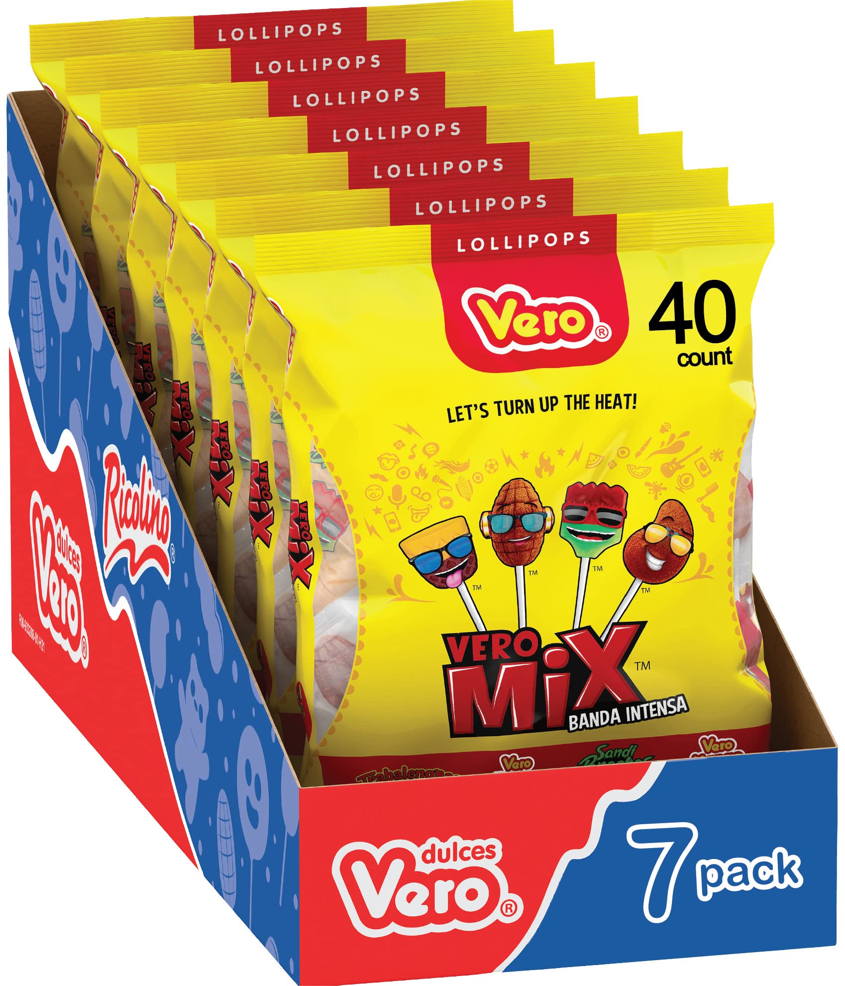 Vero Banda Fuego Mix Assorted Chili Lollipops, Artificially Flavored, 7 Bags, 40 Count Each, Net Weight Of 8 Pounds 15.5 Ounces
