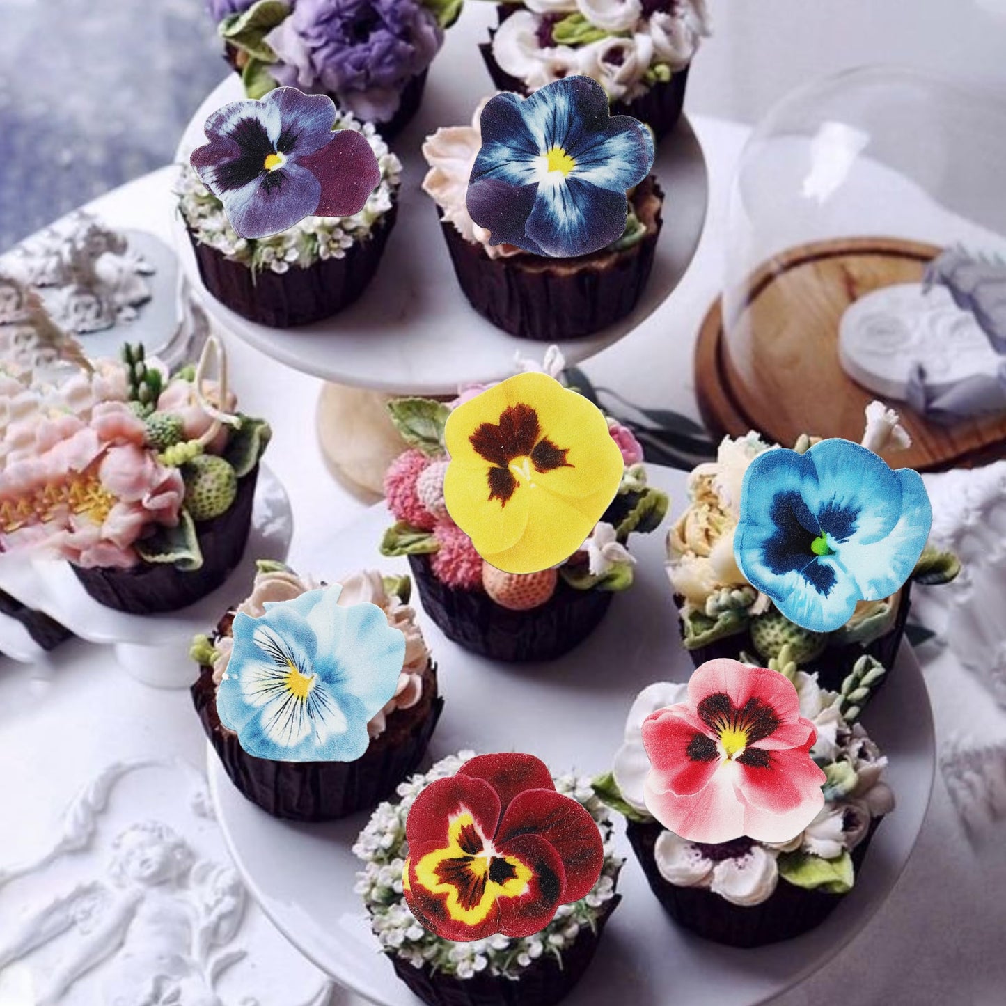 Rssta i 60 Pack Edible Flowers Cake Decorations, Wafer Paper Toppers for Wedding & Birthday, Design 10