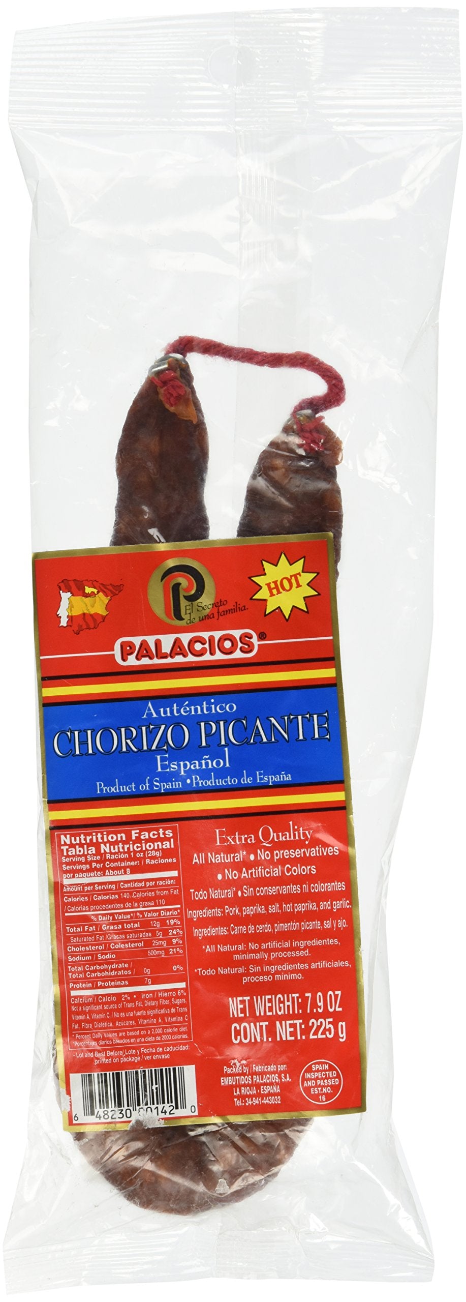 Palacios Spanish Hot Picante Chorizo, 7.9 Ounce, Red, Model 648230001420