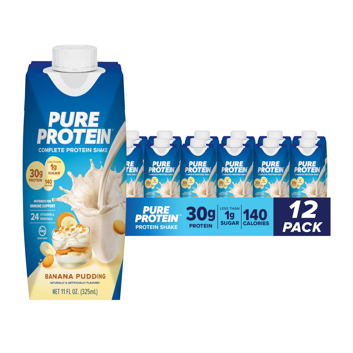 Pure Protein Complete Protein Shake  Banana Pudding  30g High Protein Drink  Less than 1g Sugar  3g Fiber  Ready to Drink  Non GMO  On-the-Go Shakes  11oz Bottles  12 Pack