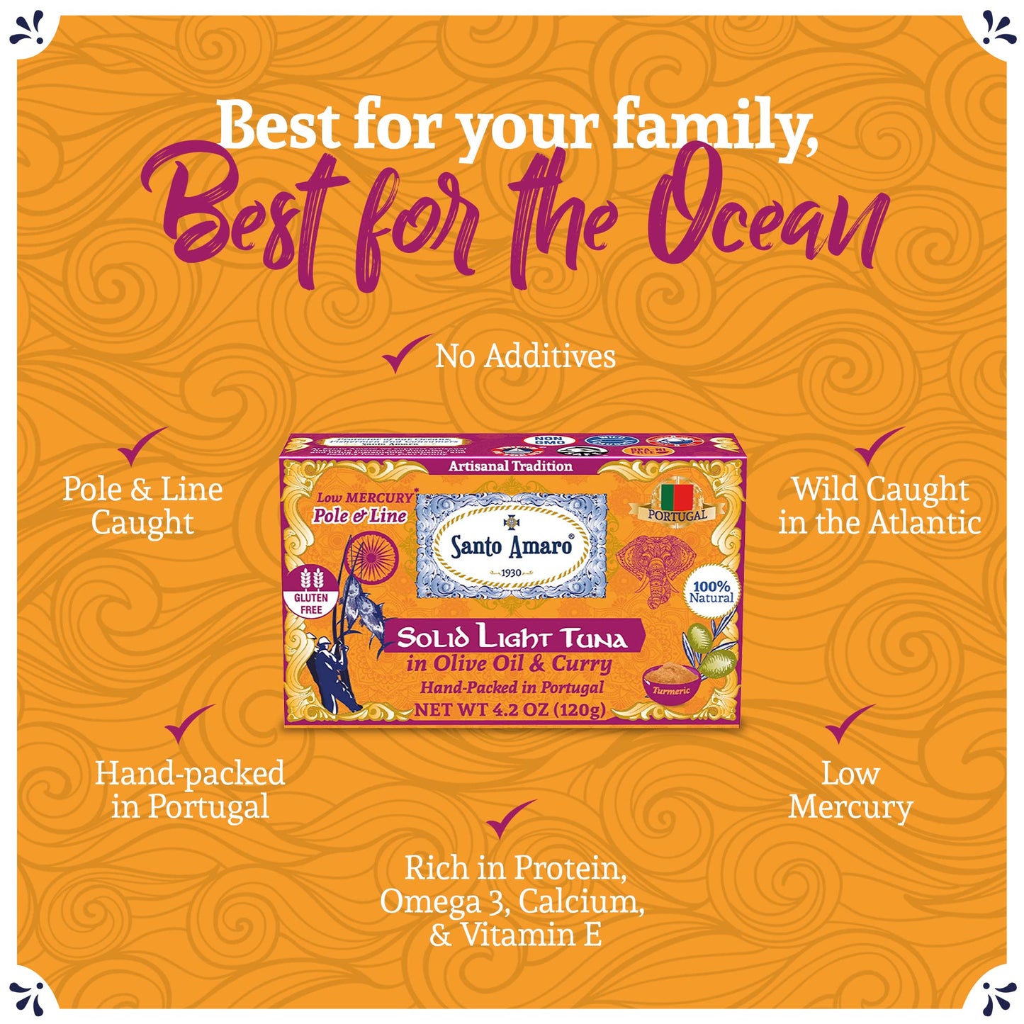 Santo Amaro Artisanal Wild Tuna Fillets in Olive Oil & Turmeric Curry, 4.2 Ounce (Pack of 6), Low Mercury, 22g Protein